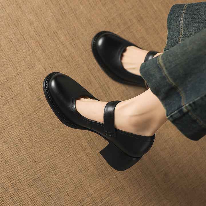 Women's Vintage 1960s Style Strap Pumps - Leather Elegant Round Toe Block Heels