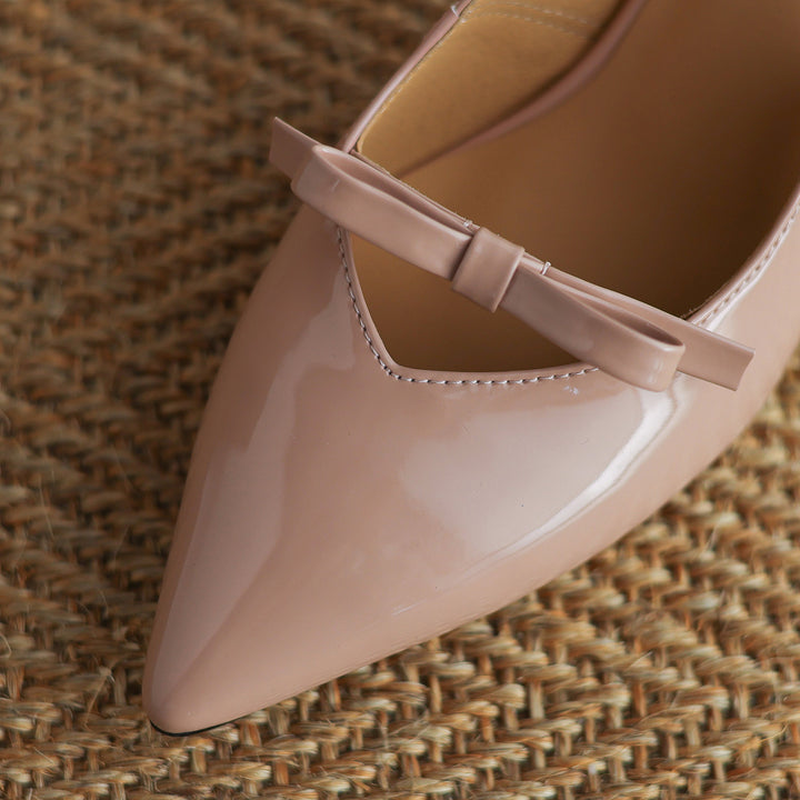 Women's Handmade Leather Pointed Toe Bow Slingback Cat Heel Sandals