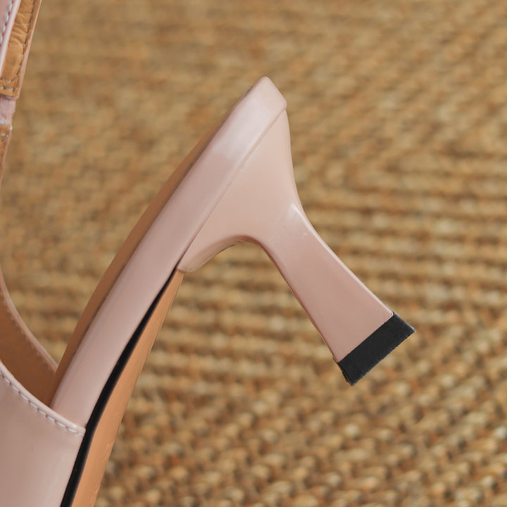 Women's Handmade Leather Pointed Toe Bow Slingback Cat Heel Sandals