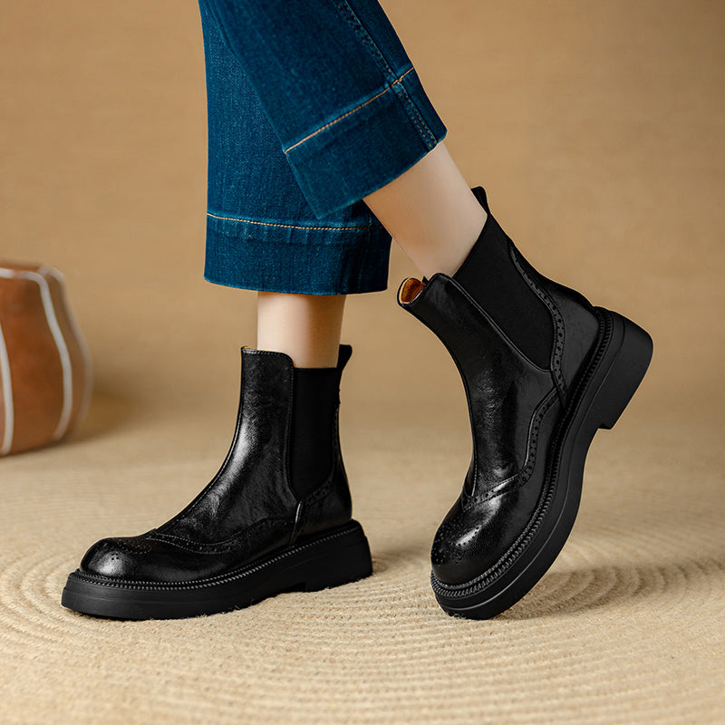 Stylish Women's Leather Brogue Platform Chelsea Boots – Ankle Height