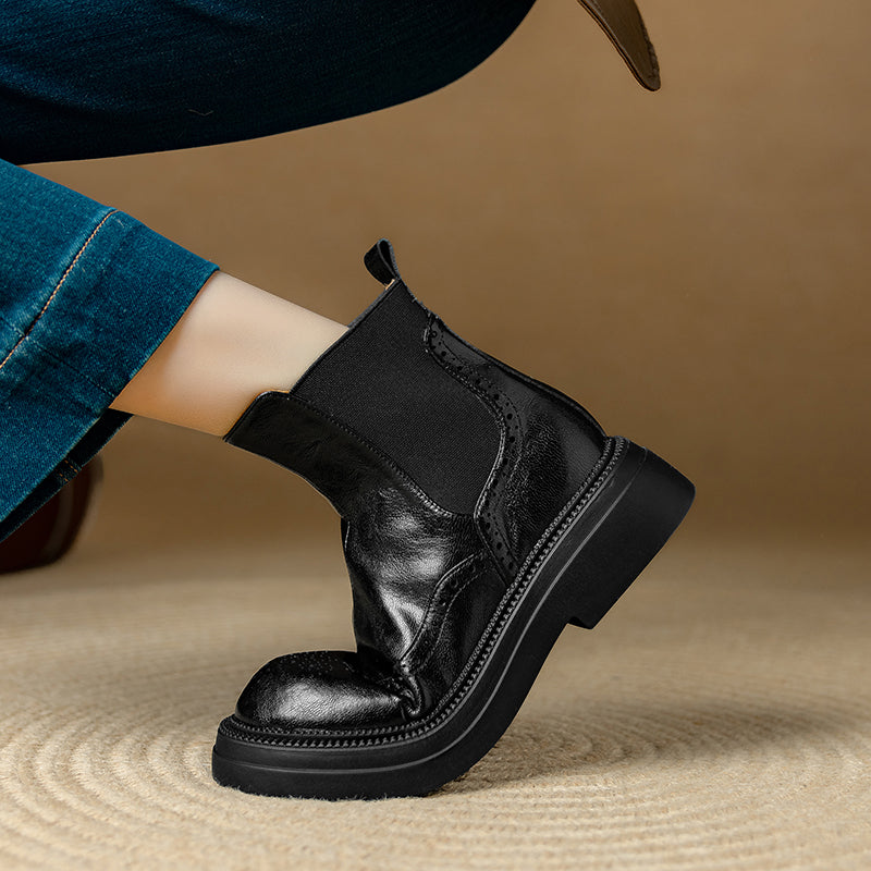 Stylish Women's Leather Brogue Platform Chelsea Boots – Ankle Height