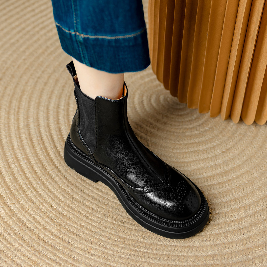 Stylish Women's Leather Brogue Platform Chelsea Boots – Ankle Height