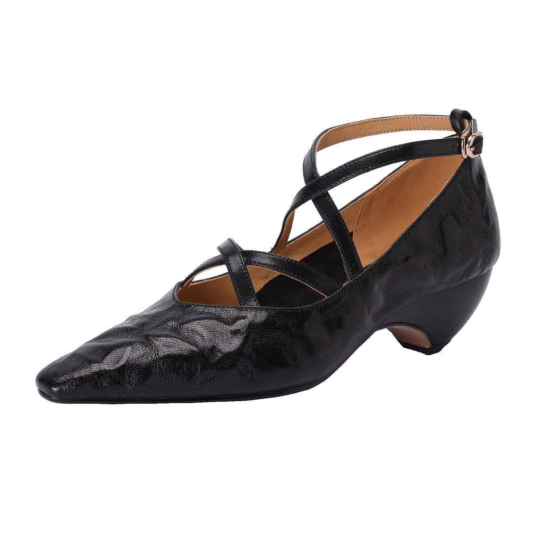 Women's Sheepskin Sandals - French Vintage Wedge Heel - Criss-cross Straps Pointed Toe
