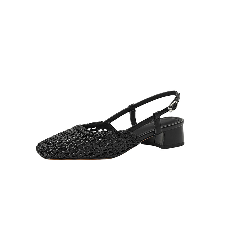 Women's Leather Stylish Hollow Out Slingback Block Heel Sandal