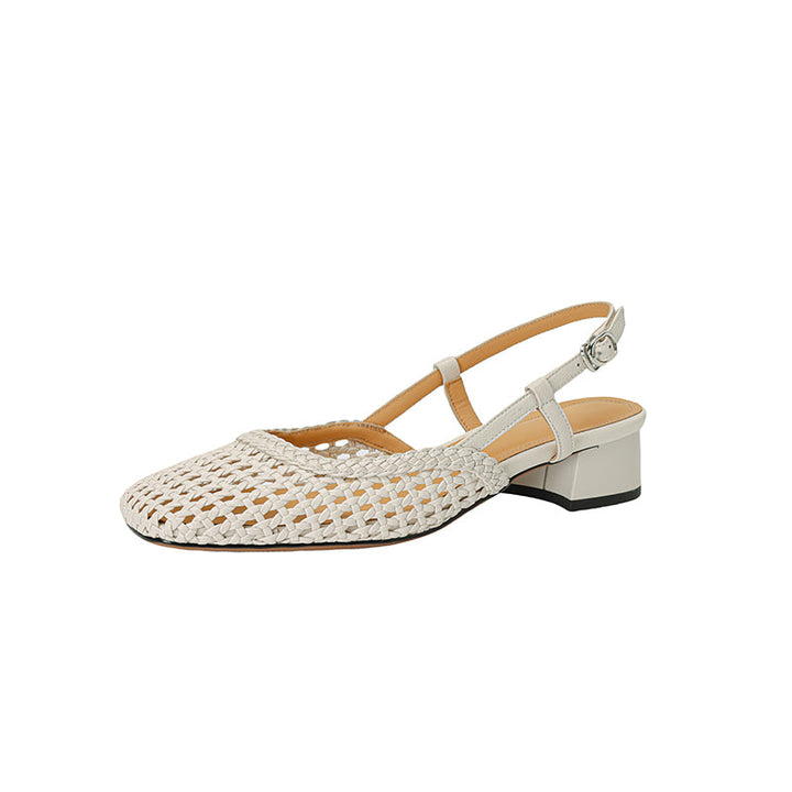 Women's Leather Stylish Hollow Out Slingback Block Heel Sandal