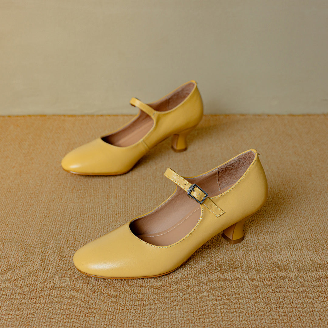 Womens Leather Round Toe Kitten Heel Mary Jane Pumps