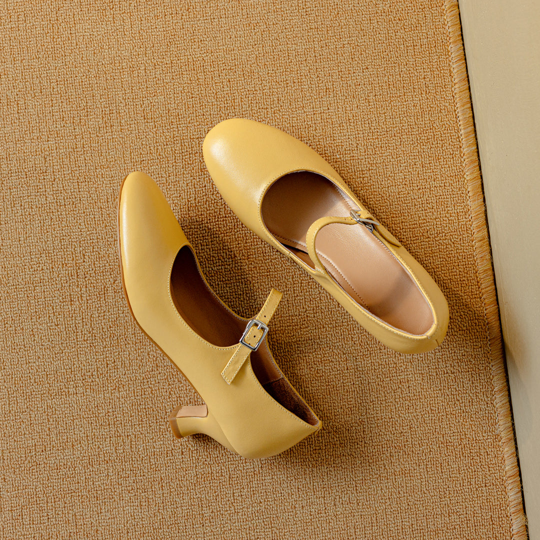 Womens Leather Round Toe Kitten Heel Mary Jane Pumps