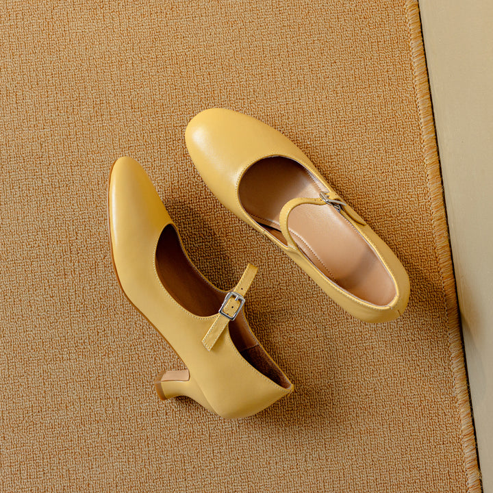 Womens Leather Round Toe Kitten Heel Mary Jane Pumps