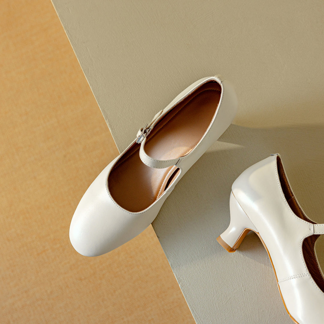 Womens Leather Round Toe Kitten Heel Mary Jane Pumps