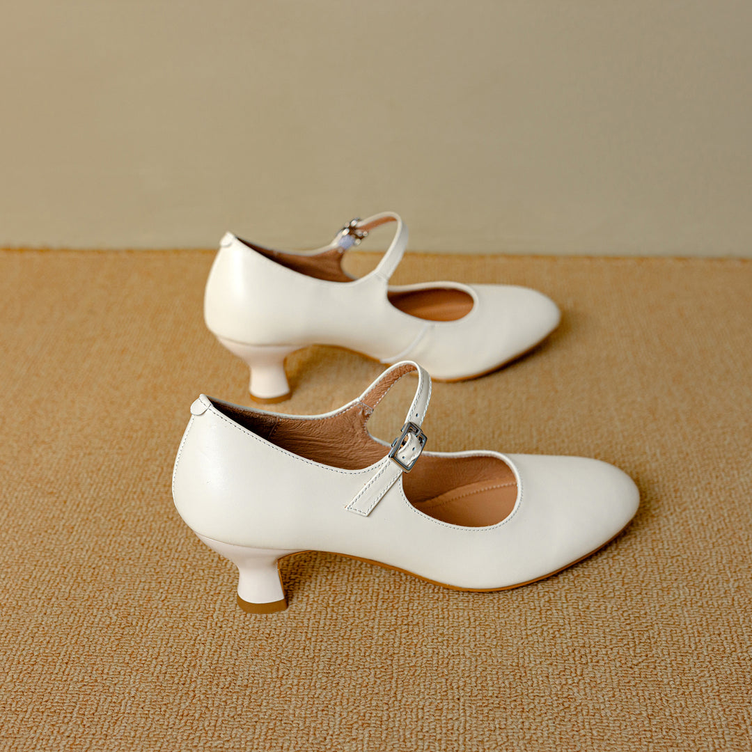 Womens Leather Round Toe Kitten Heel Mary Jane Pumps