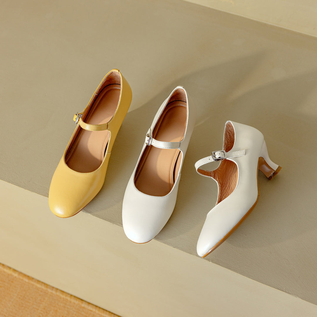 Womens Leather Round Toe Kitten Heel Mary Jane Pumps