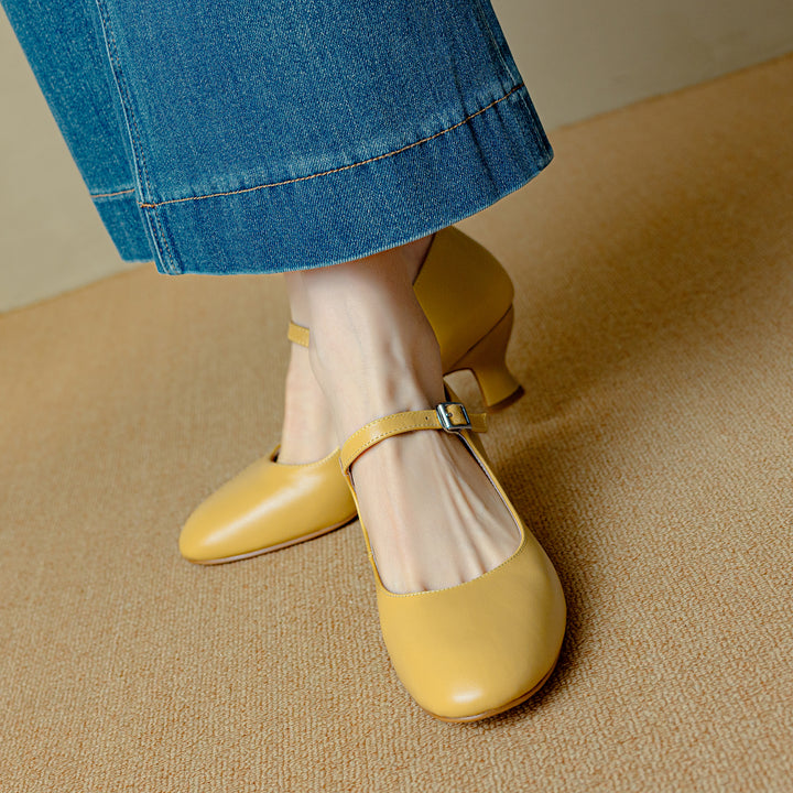 Womens Leather Round Toe Kitten Heel Mary Jane Pumps