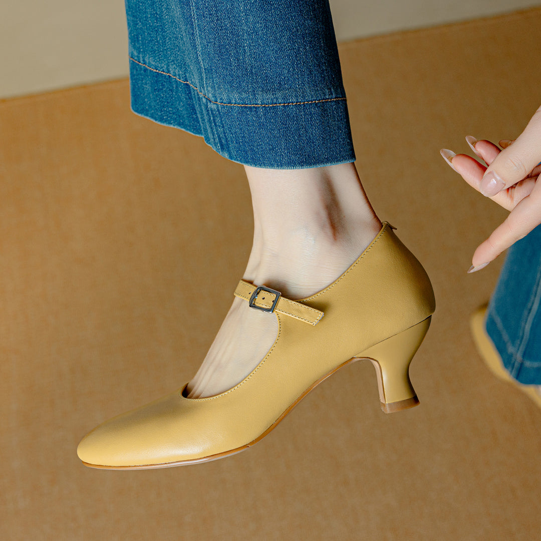 Womens Leather Round Toe Kitten Heel Mary Jane Pumps