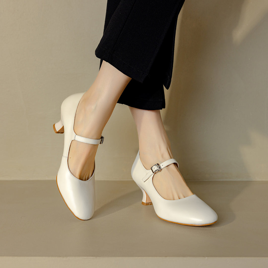 Womens Leather Round Toe Kitten Heel Mary Jane Pumps