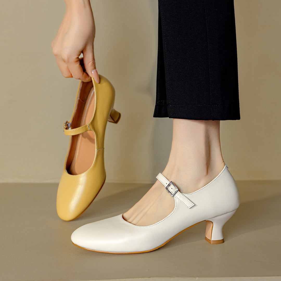 Womens Leather Round Toe Kitten Heel Mary Jane Pumps