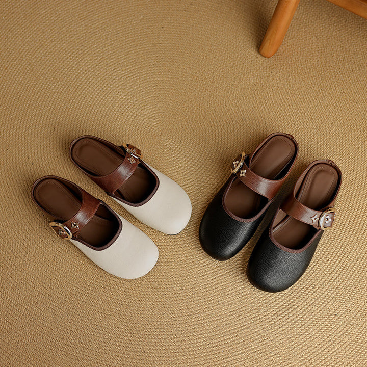 Women's Handmade Retro Leather Round Toe Comfortable Flat Mule Shoes