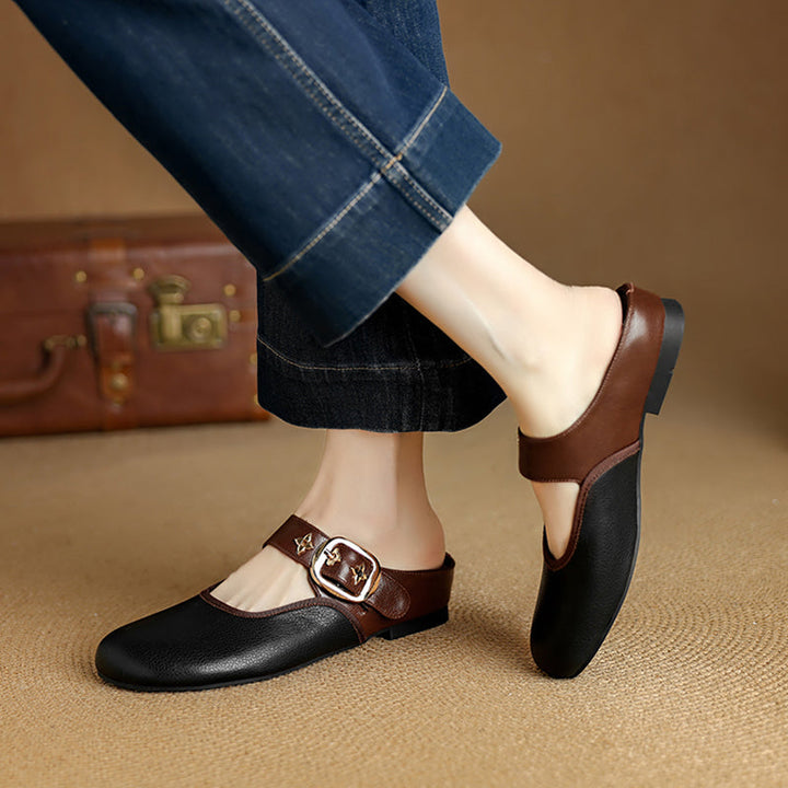 Women's Handmade Retro Leather Round Toe Comfortable Flat Mule Shoes