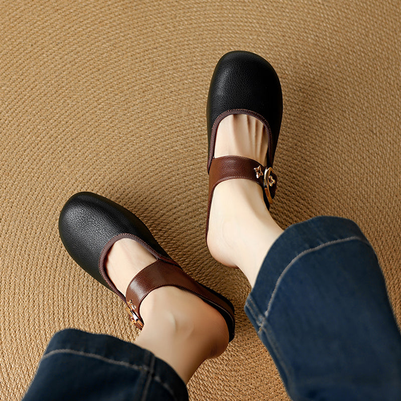 Women's Handmade Retro Leather Round Toe Comfortable Flat Mule Shoes