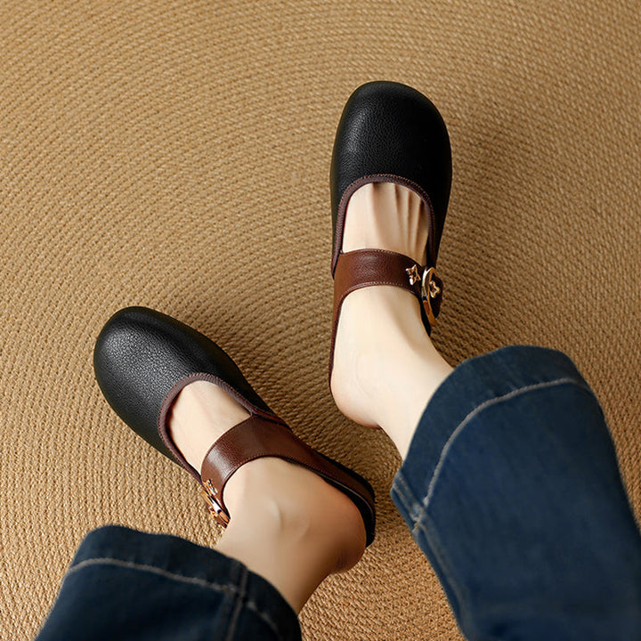 Women's Handmade Retro Leather Round Toe Comfortable Flat Mule Shoes