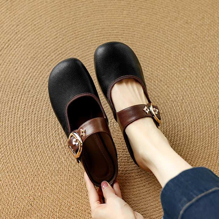 Women's Handmade Retro Leather Round Toe Comfortable Flat Mule Shoes