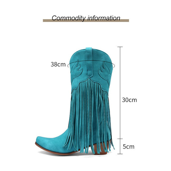 Women's Fringe Boots Western Cowboy Mid Length Boots