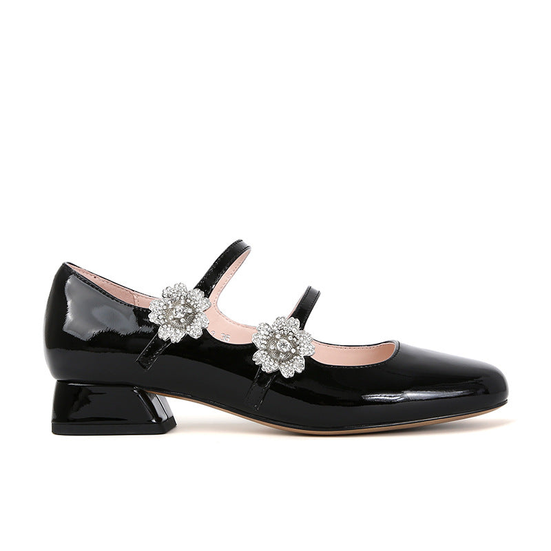 Women's Patent Leather Rhinestone Flower Buckle Mary Janes Shoes