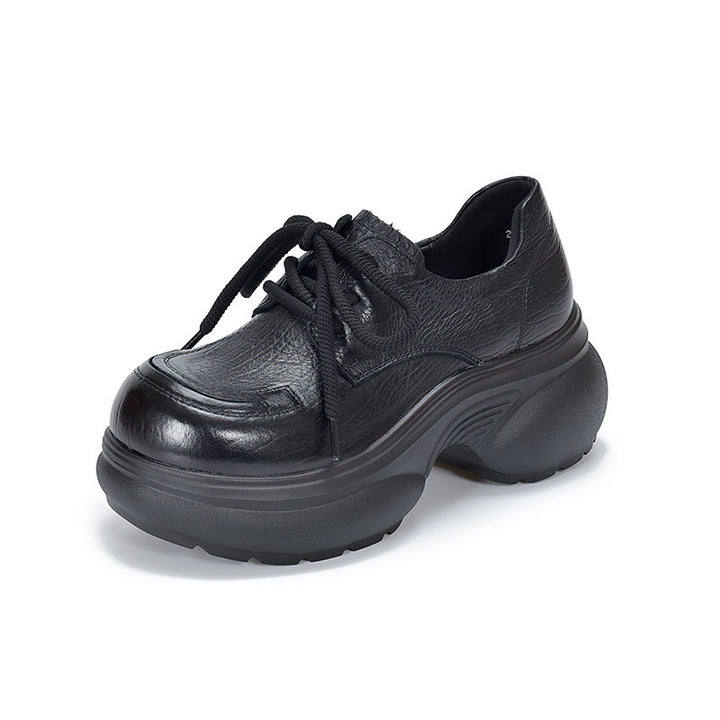 Women's Chunky Platform Oxford Shoes Top-Grain Leather Lace Up Wedge Loafers