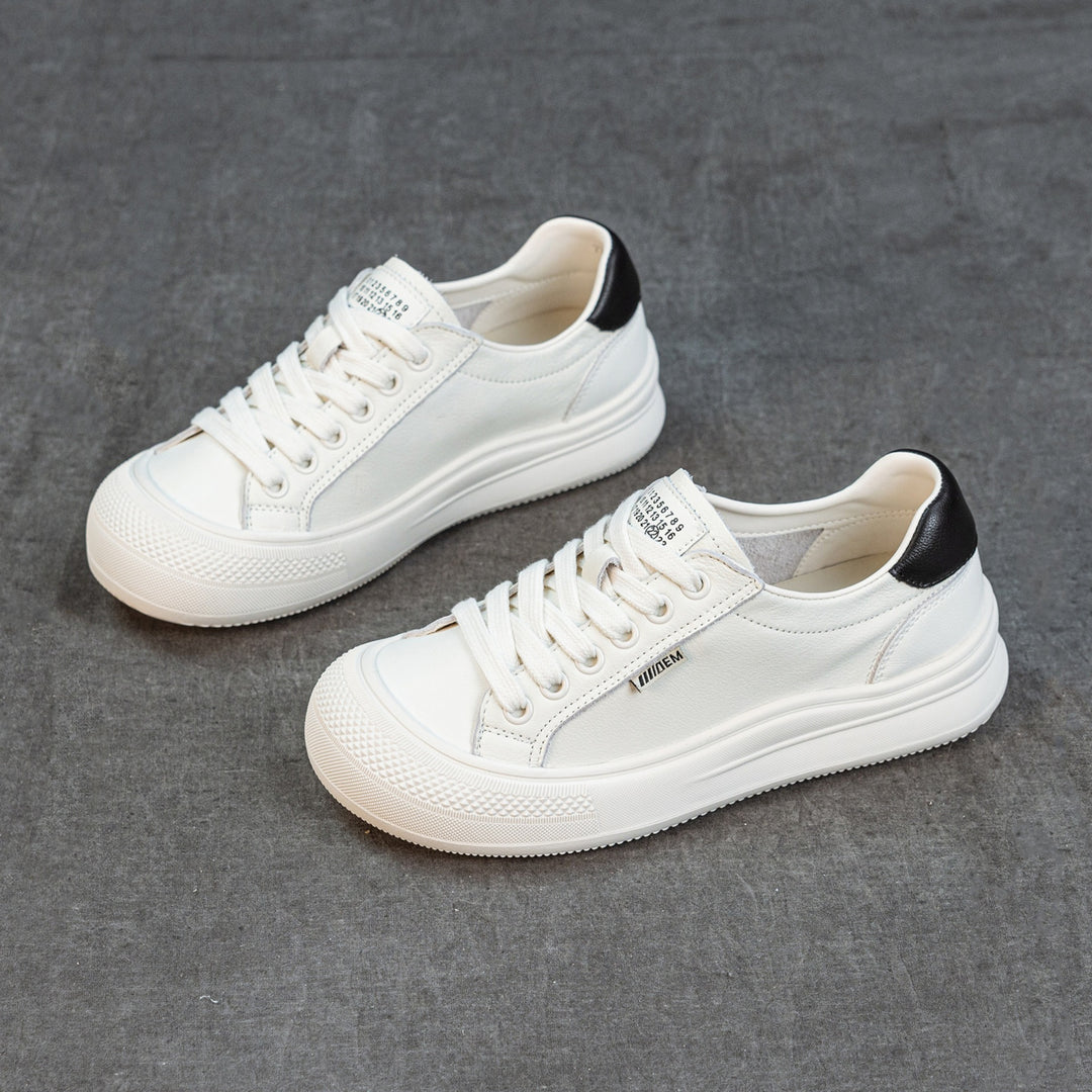 Women's Leather Low Top Sneakers Round Toe Lace Up Platform Canvas Style Shoes