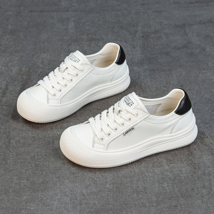 Women's Leather Low Top Sneakers Round Toe Lace Up Platform Canvas Style Shoes