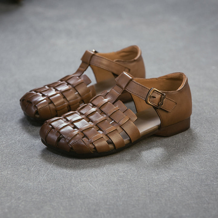 Women's Retro Woven Fisherman Sandals Vintage Leather Velcro Cage Flats