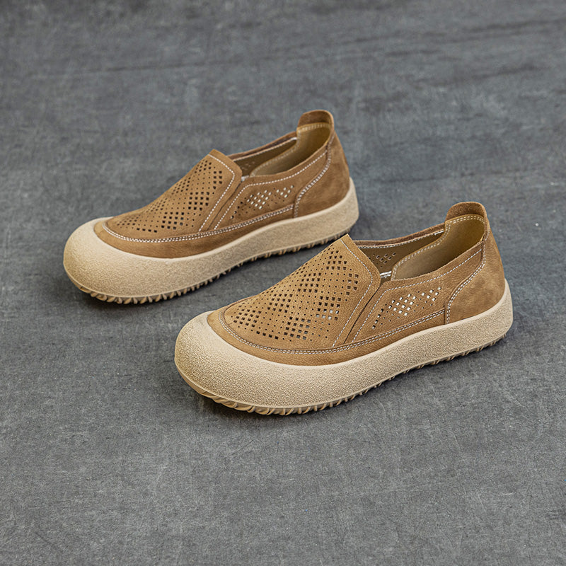 Womens Summer Perforated Leather Slip-on Loafers Breathable Platform Casual Walking Shoes