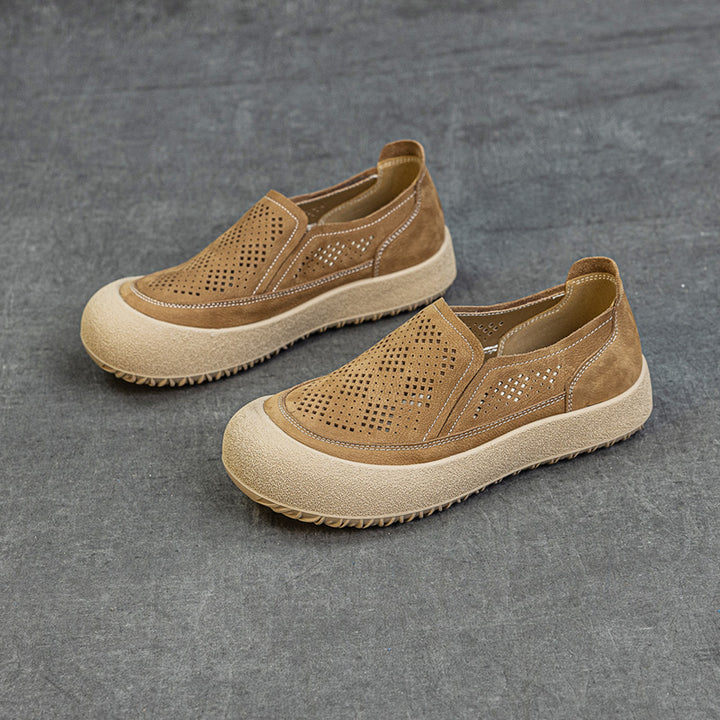 Womens Summer Perforated Leather Slip-on Loafers Breathable Platform Casual Walking Shoes