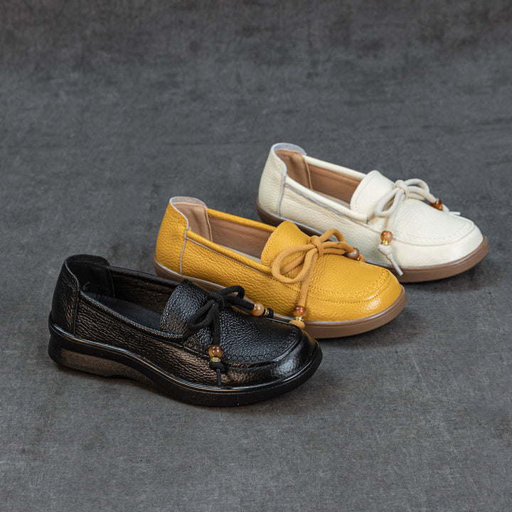 Women's Genuine Leather Loafers Beaded Knot Round Toe Slip On Platform Shoes