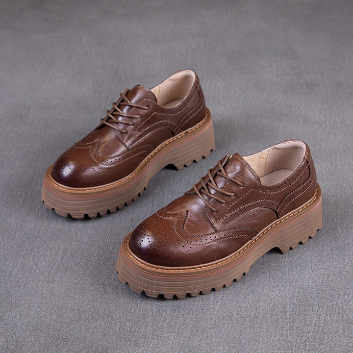 Women's British Style Brogue Oxfords - Genuine Leather with Chunky Sole