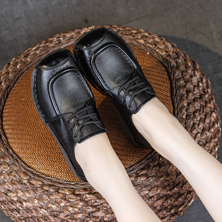 Women's Leather Square Toe Oxford Shoes Wedge Platform Lace Up Casual Loafers