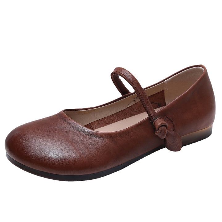 Women's Leather Mary Jane Flats - Vintage Round Toe Slip-On Ballet Flats with Bow Knot Strap Comfort Walking Shoes