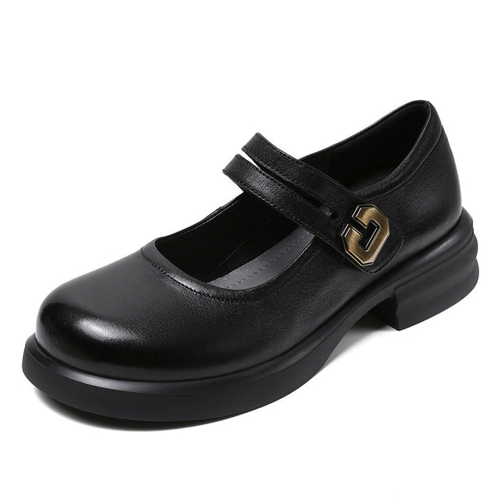 Women's Soft Leather Mary Janes – Round Toe Low Heel with Adjustable Velcro