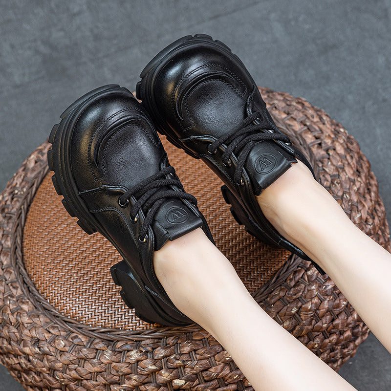 Women's Platform Genuine Leather Sneakers Chunky Heel Lace Up Casual Oxfords