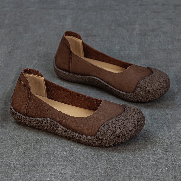 Women's Genuine Leather Ballet Flats Round Toe Slip On Unlined Walking Shoes