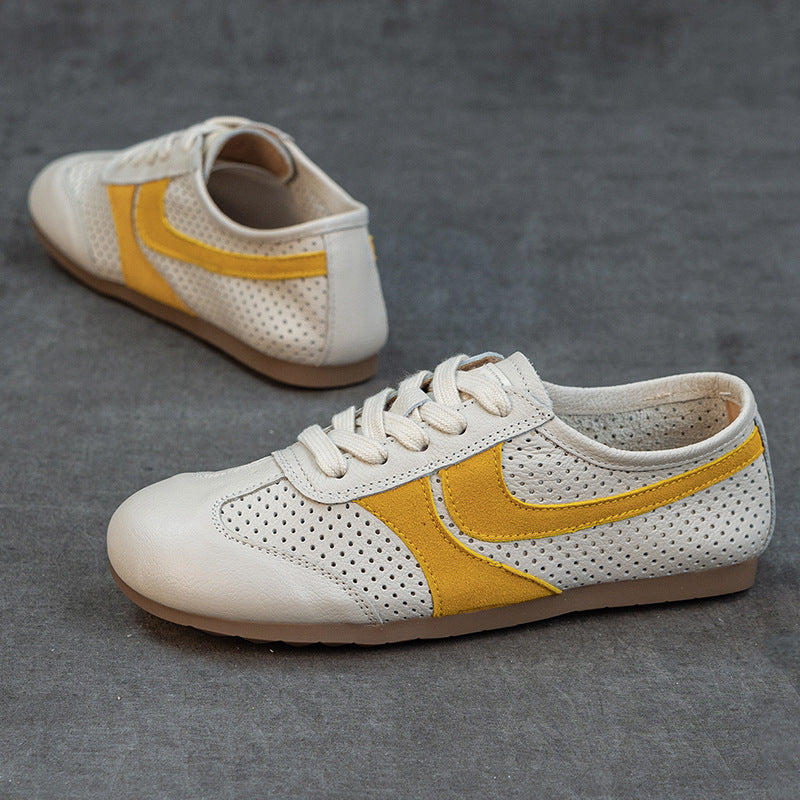Women's Leather Perforated Sneakers Lace Up Breathable Flat Walking Shoes