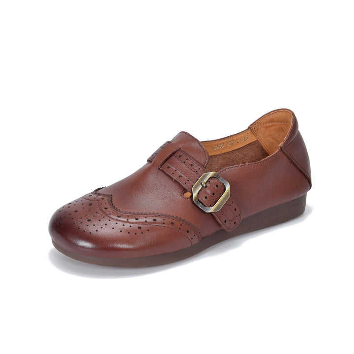 Women's Vintage Brogue Loafers Soft Cowhide Slip-on Mary Jane Flat Shoes
