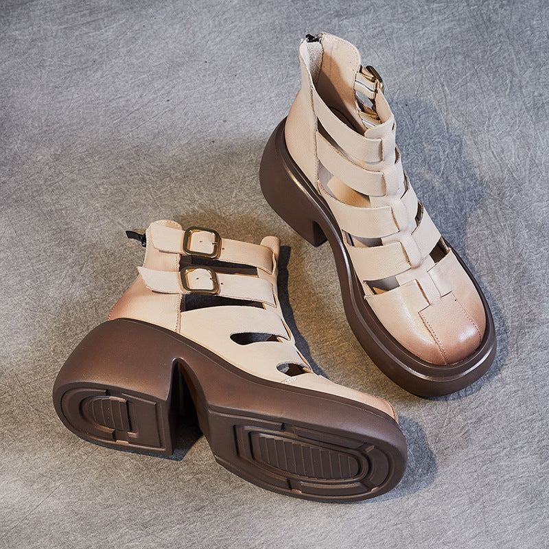 Avant-Garde Burnished Leather Summer Lightweight Sandals for Women - Chunky Platform Cut-out Boots
