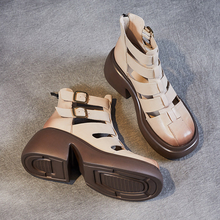 Avant-Garde Burnished Leather Summer Lightweight Sandals for Women - Chunky Platform Cut-out Boots