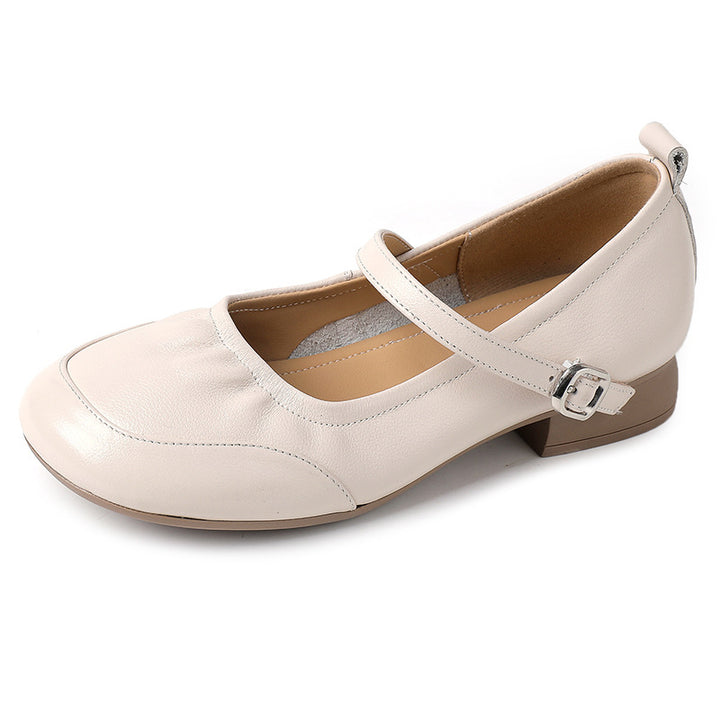 Women's Soft Cowhide Leather Mary Jane Flats Round Toe Buckle Strap Low Heel Shoes