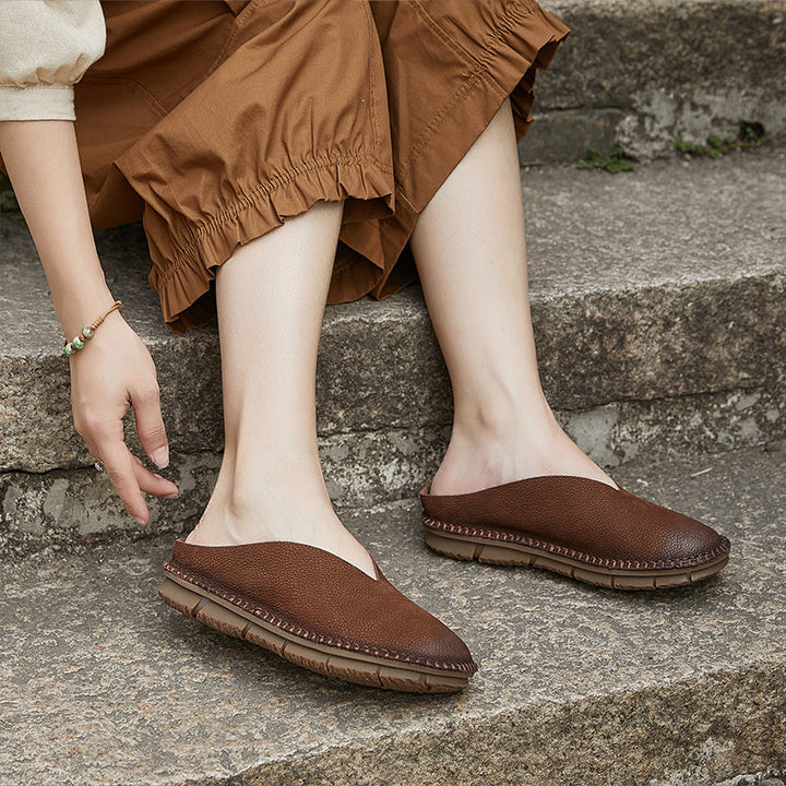Women's V-Cut Soft Leather Flat Mules – Retro Minimalist Style