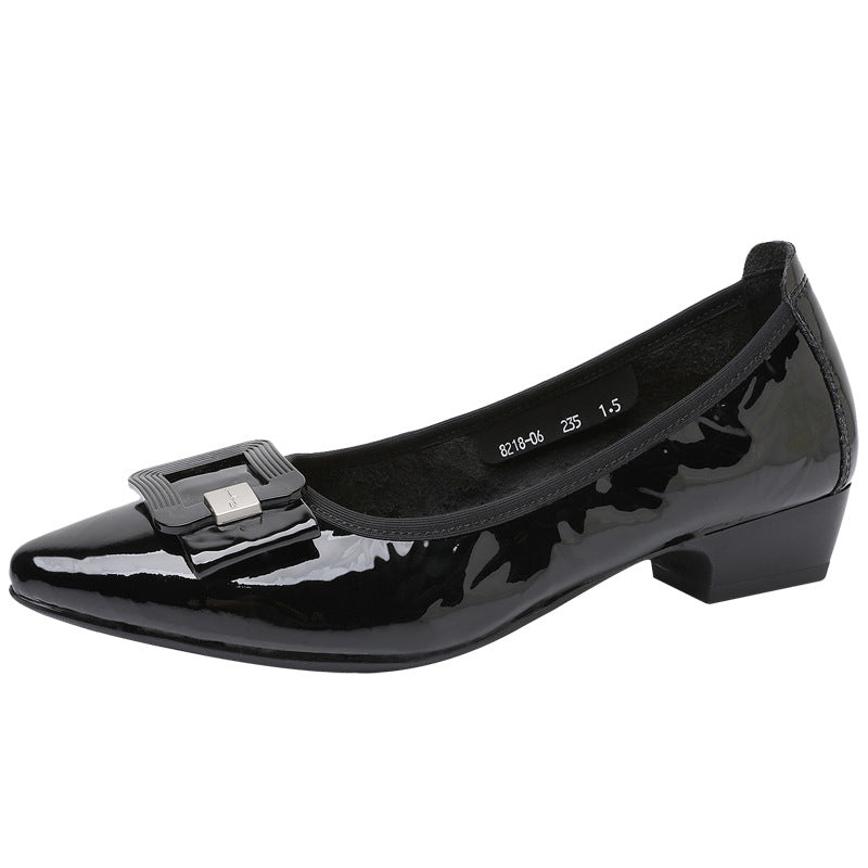 Women's Patent Sheepskin Pointed Toe Pumps Buckle Low Chunky Heel Slip On Shoes
