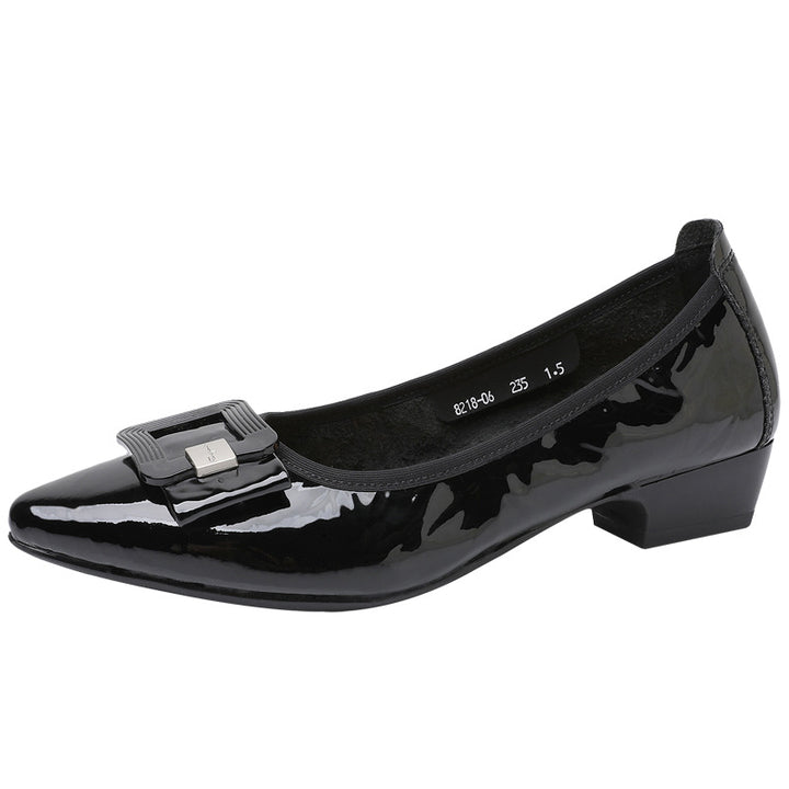 Women's Patent Sheepskin Pointed Toe Pumps Buckle Low Chunky Heel Slip On Shoes