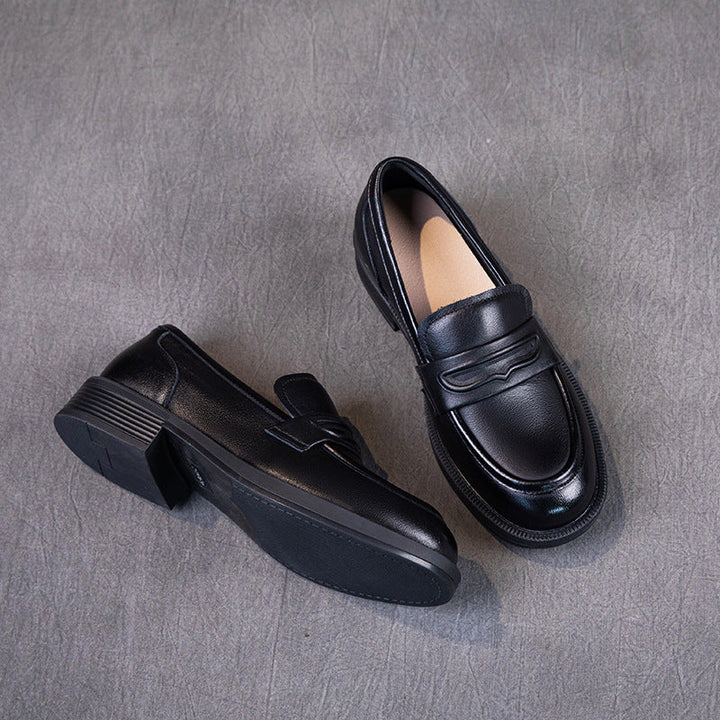 Comfortable Leather Penny Loafers for Women - Classic Round Toe Slip-On Shoes