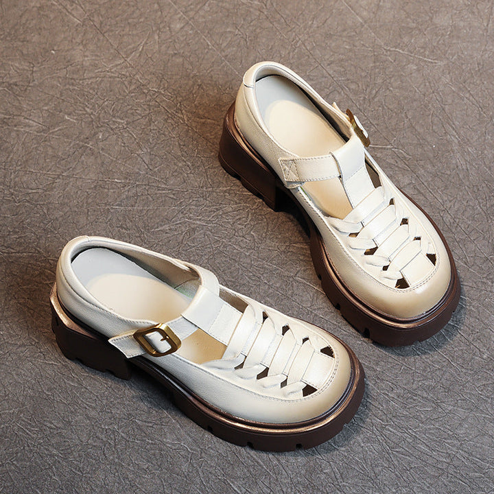 Women's Genuine Leather Fisherman Sandals - Chunky High Heel & Closed Toe Design
