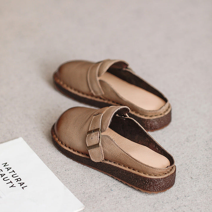 Wide Round Toe Leather Buckle With Decoration Flat Comfort Women's Mule Shoes